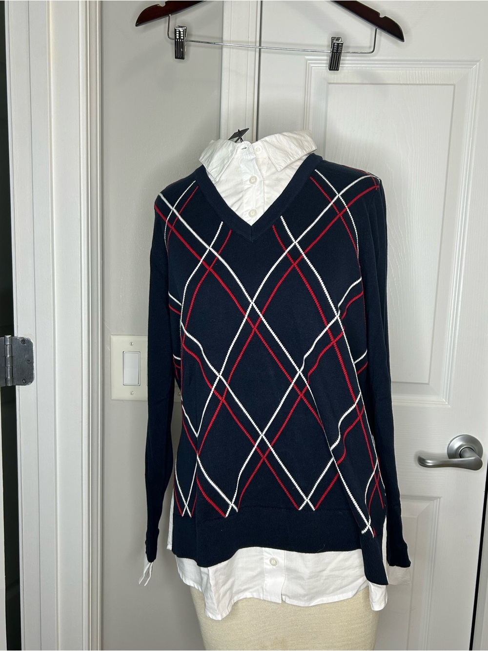 Tommy Hilfiger Navy V-Neck Argyle Sweater with Red & White Stripes